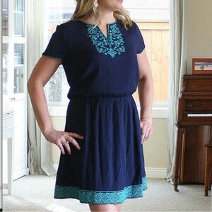 NWT Brixon Ivy Linda Dress Women’s Medium Navy W Teal Embroidered Details Lined